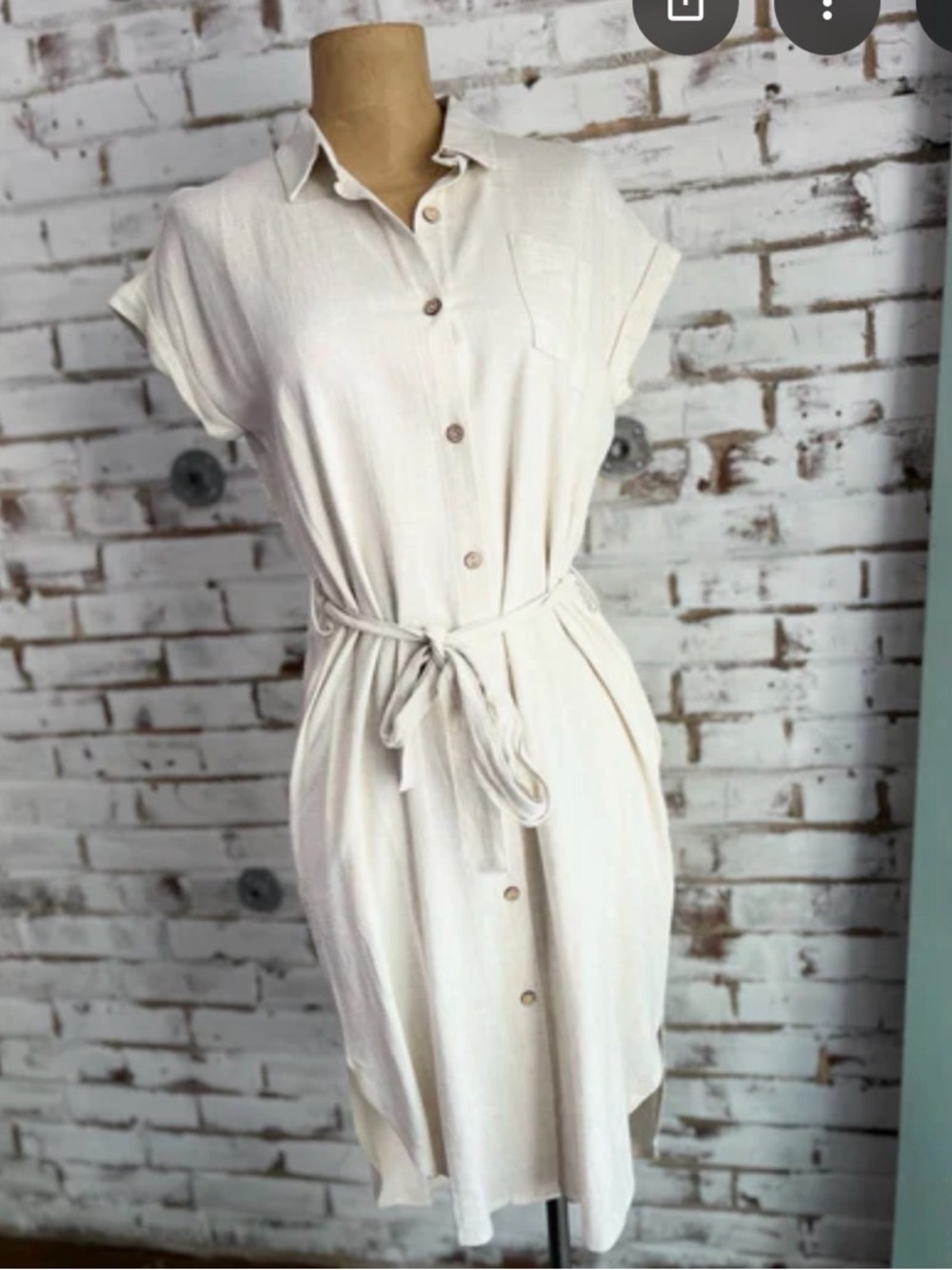 easel Cream Button-Front Midi Shirt Dress with Tie Waist